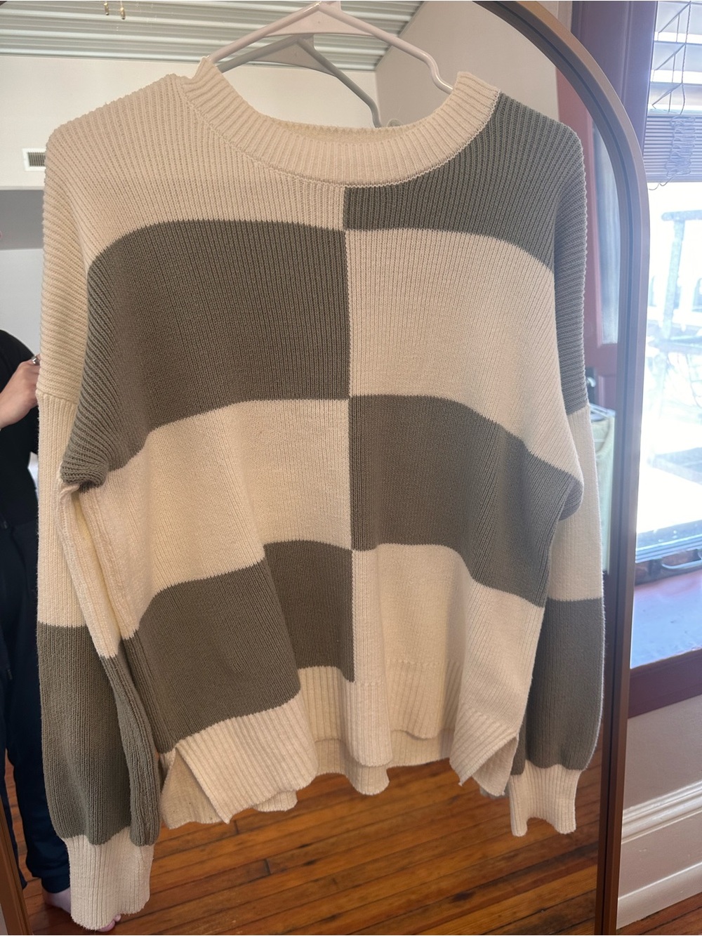 Oversized Block Stripe Crewneck Sweater in White and Grey/Green